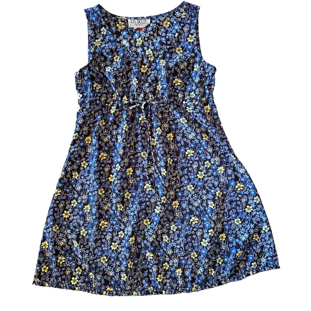 90s La Belle blue and yellow floral dress medium